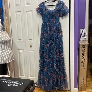Women's Floral Ruffle Maxi Dress in Blue